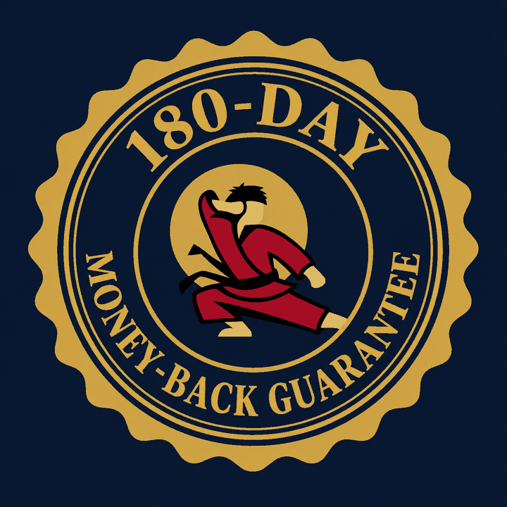 180-day money-back guarantee seal with the Black Belt Marketers karateka