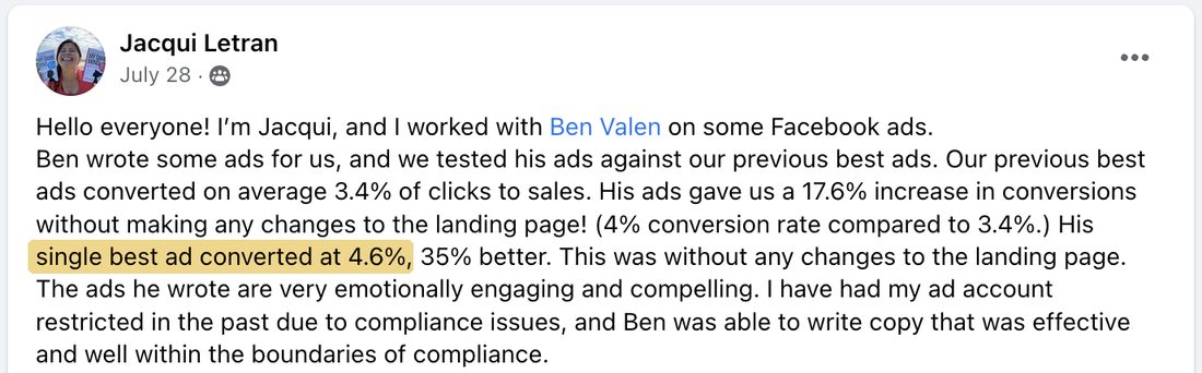 Jacqui Letran's Facebook post: his single best ad converted at 4.6%