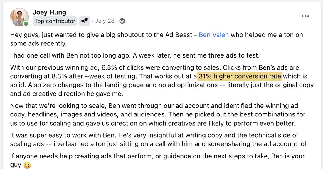 Joey Hung's Facebook post: 6.3% of clicks converting before, 8.3% from Ben's ads, a 31% higher conversion rate