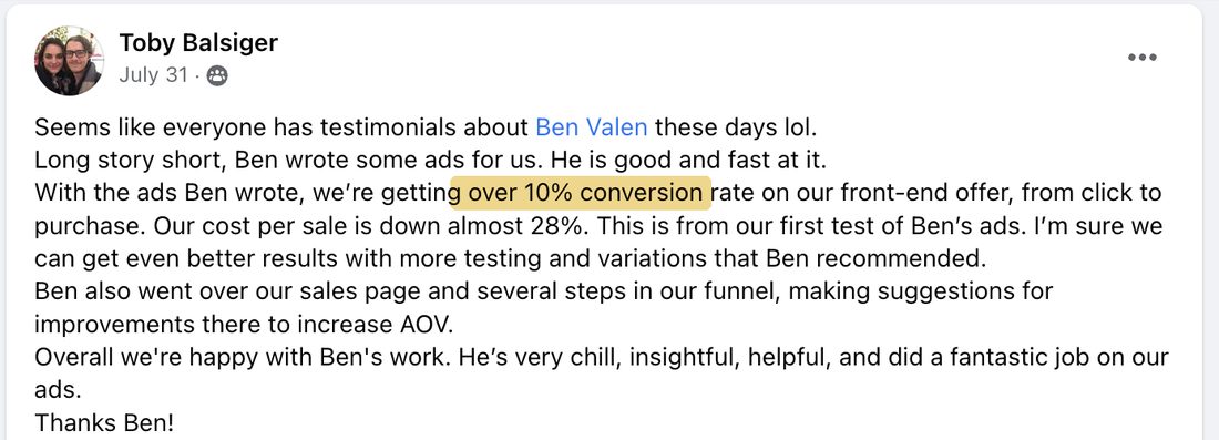 Toby Balsiger's Facebook post: we're getting over 10% conversion rate on our front-end offer, from click to purchase